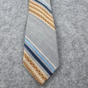 Vintage Velducci Mens Grey Blue Geometric Striped Silk Blend Necktie 53 Inch